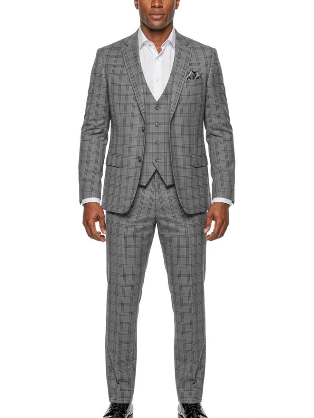 Grey Windowpane Plaid Notch Lapel 3 Piece Men's Suit